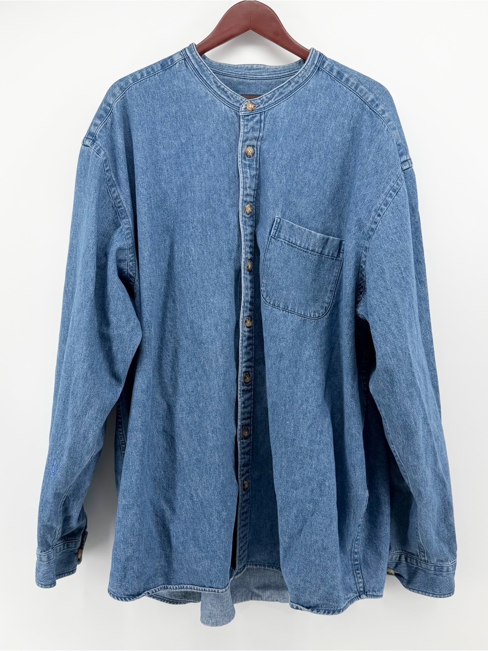 Eddie Bauer Vintage 3XL Tall Banded Collarless Denim Shirt‎ Mens Gorpcore Retro